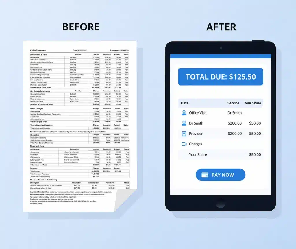 Automated patient statement features with payment portal and balance tracking