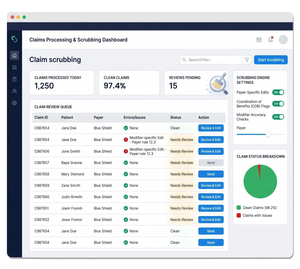 Medical claims processing and scrubbing workflow before payer submission