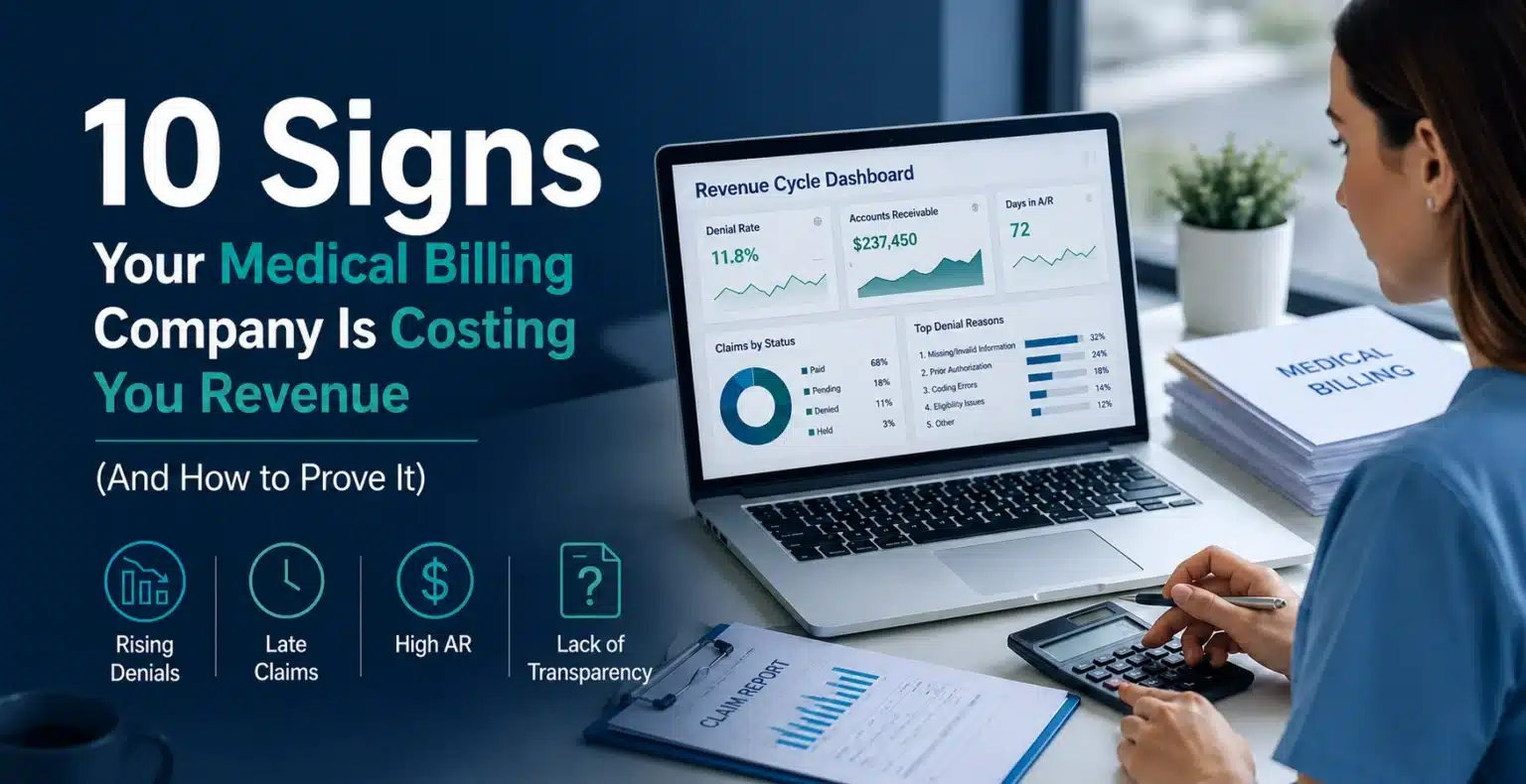 Medical billing manager reviewing revenue cycle dashboard showing denial rates, accounts receivable, and claims status on laptop.