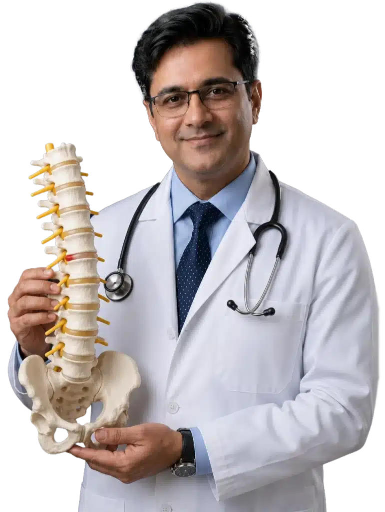Pain management physician holding a spinal column model representing interventional and chronic pain billing services by Revix MD