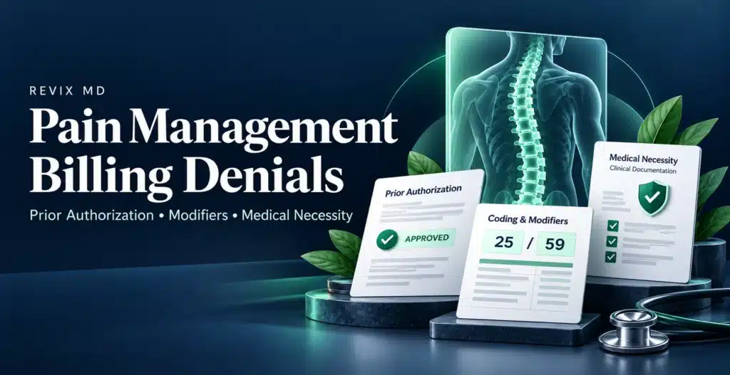 Pain management billing denials graphic showing a spine, prior authorization, coding modifiers 25 and 59, and medical necessity checks.